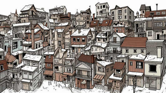 下雪城市背景图片_冬天卡通房屋线性插画