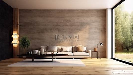 现代客厅室内设计，配有混凝土墙木地板和聚光灯，令人惊叹的 3D 渲染