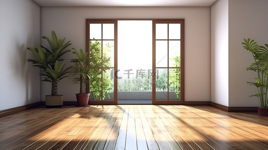 家居地板背景图片_宽敞的阳台房间设有木地板帆布墙艺术和 3D 渲染的时尚 PVC 门
