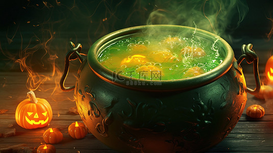庆祝绿色背景图片_现代 3D 万圣节横幅，上面有南瓜和女巫的大锅，里面有沸腾的绿色液体