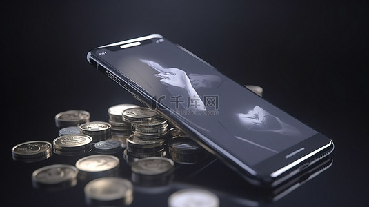 虚拟手机背景图片_在线购物使带有虚拟商店和现金硬币的手机的 3D 渲染变得容易