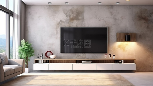 原木电视柜背景图片_带混凝土墙装饰和电视柜 3d 渲染的现代客厅