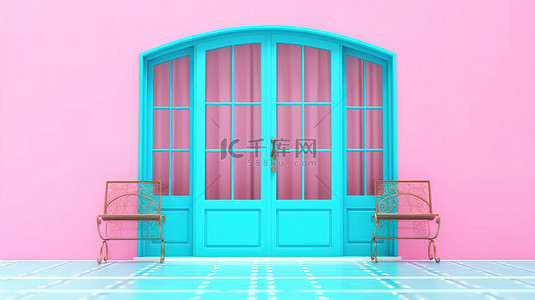 蓝色的门窗背景图片_粉红色背景，双色调风格 3D 渲染蓝色金属塑料 PVC 阳台门窗