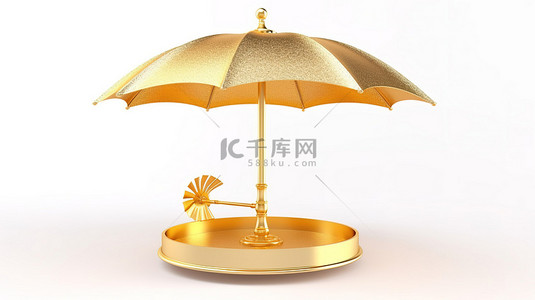 讲台上金色沙滩伞的孤立白色背景 3D 渲染