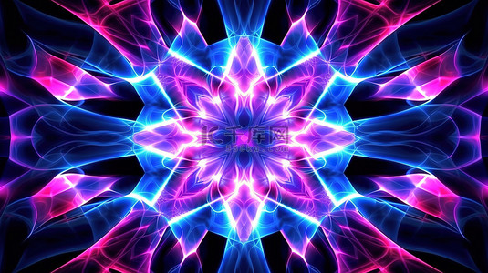 撕边效果背景图片_万花筒抽象背景上的粉色和蓝色霓虹灯的 3D 插图辐射几何图案