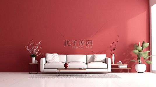 红色的墙背景图片_简约现代室内白色沙发和矮桌与红色空墙 3D 渲染