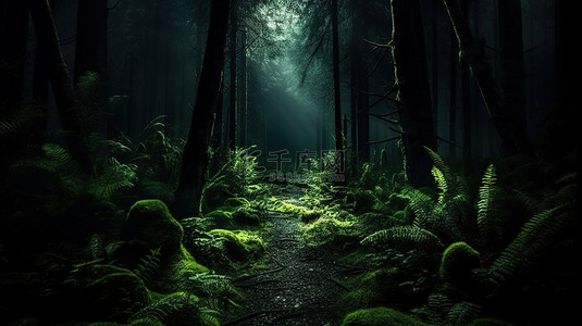 3D 创建的阴森恐怖的森林，郁郁葱葱的绿色植物