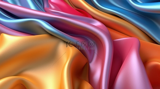 鲜艳色彩纹理背景中柔软丝织物的抽象 3D 渲染