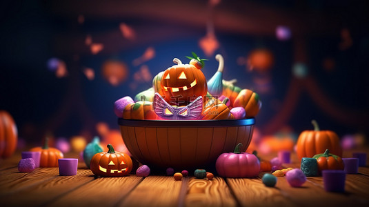 不快乐的背景图片_色彩缤纷的糖果和杰克灯笼盛满 3D 节日万圣节篮子