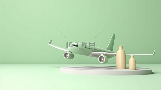 柔和的绿色和白色飞机在美丽的柔和背景下起飞的 3D 渲染