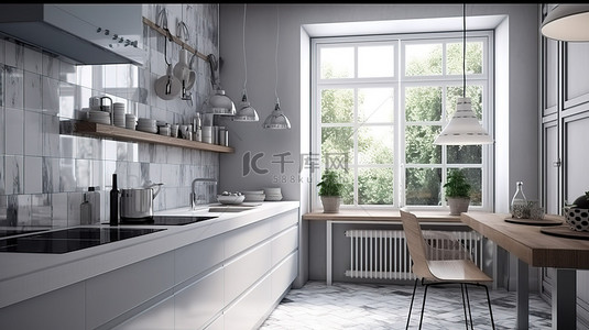 以白色和灰色墙壁和宽敞的窗户为特色的 3D 渲染现代厨房设计