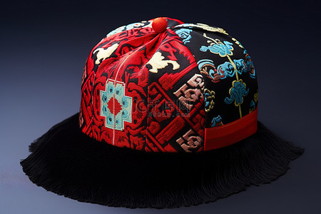 红色和黑色图案刺绣亚洲串珠帽子，带 pom pom