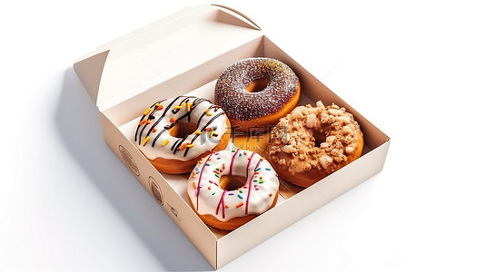 3D 渲染的白色背景上的纸盒中呈现的各种美味甜甜圈