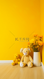 小熊玩偶花瓶花卉房屋角落广告背景