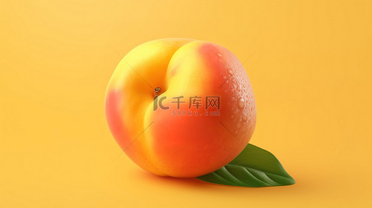 黄色背景下桃子的 3D 插图