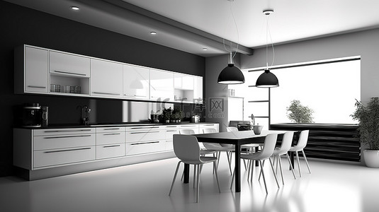强调词汇背景图片_卡布奇诺家具的 3D 渲染强调黑白陶瓷厨房设计