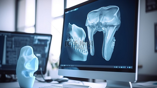 牙医价目表蓝色背景图片_牙医办公室的电脑屏幕显示牙科 3D 扫描