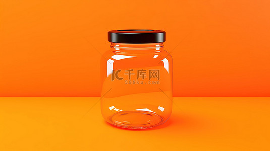 橙色背景与 3D 渲染中的单色玻璃罐