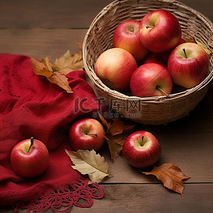 红苹果放在篮子里，篮子里有秋叶
