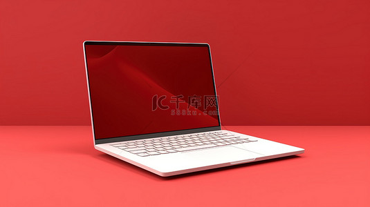 时尚的笔记本电脑模型，具有空白屏幕和充满活力的红色背景 3D 渲染，适合您的创意设计