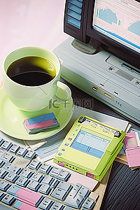 显示器旁边有一个咖啡杯和一台笔记本电脑