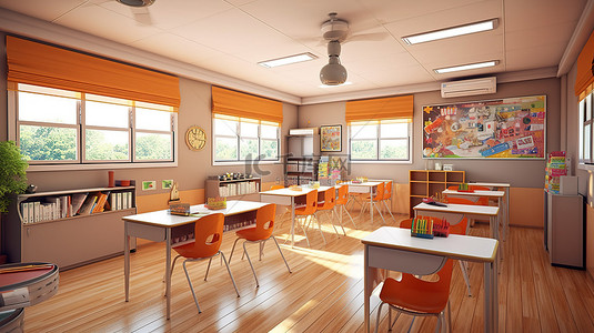 小学教学背景图片_3D渲染的教室设计