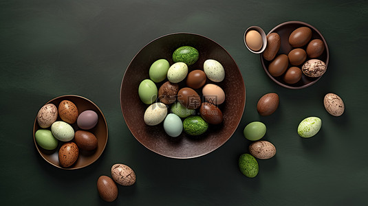 复活节在深绿色的桌子上欣赏巧克力蛋的顶视图，平铺风格以 3D 渲染