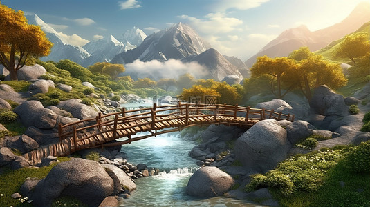 山区河流背景图片_风景秀丽的山谷雄伟的河流和崎岖岩石中的木桥 3D 渲染