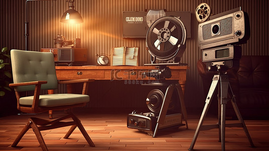 3d摄影背景图片_复古电影布景复古导演椅老式拍板扩音器和木桌上的古董电视 3D 渲染