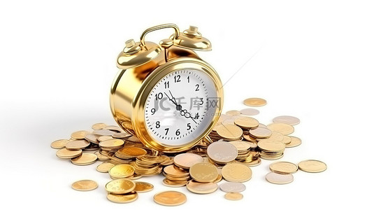 闹钟钟表背景图片_经典钟表和欧元硬币在白色背景下分离，象征着 3D 可视化中的时间价值