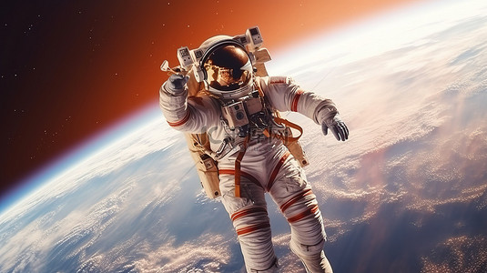 旅游横幅背景图片_宇航员在太空中漂浮宇航员在横幅背景下的 3D 插图