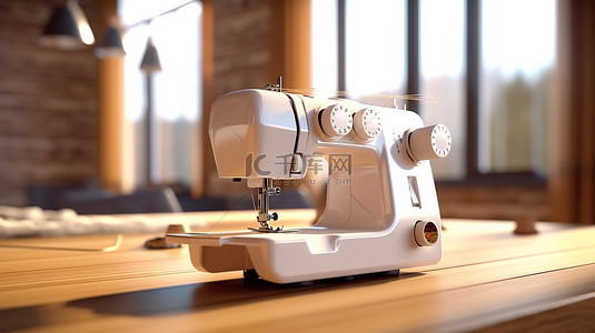 创意时尚设计背景图片_现代缝纫机，光滑的白色饰面，放置在用 3D 图形创建的抛光木桌上