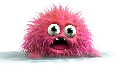 粉红色毛茸茸的怪物在白色背景上游泳的特写 3D 插图
