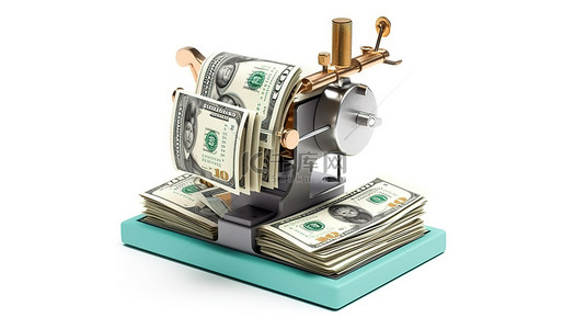 钞票背景图片_创新型初创企业通过赚钱机和钞票的 3D 渲染产生利润白色背景