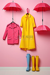 粉色婴儿毛衣白色雨衣和挂着的彩色雨伞