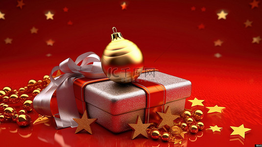 充满活力的节日装饰红色礼品盒金色和银色的球和节日 3d 红色背景上闪闪发光的星星