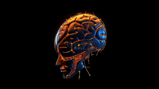 人工智能计算机大脑 3d 在深蓝色背景下呈现橙色头部