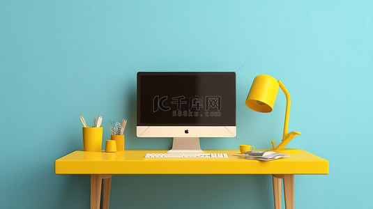 木制办公桌的最佳 3D 渲染简单性，配有黄色和蓝色计算机