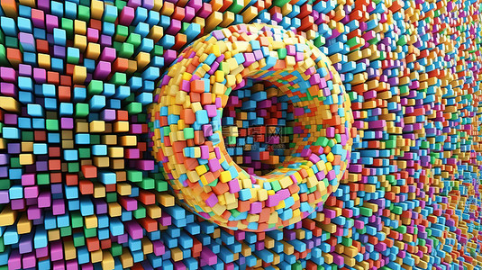 柔和的背景 3D 渲染上充满活力的像素化甜甜圈艺术