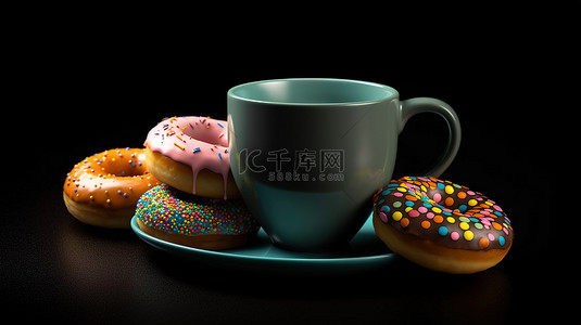 使用 3D 建模创建的深色背景下充满活力的甜甜圈和咖啡杯