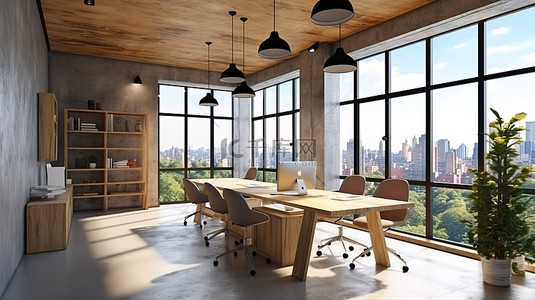 舒适的联合办公空间的时尚 3D 渲染，配有天然木材和混凝土元素窗户景观和现代家具