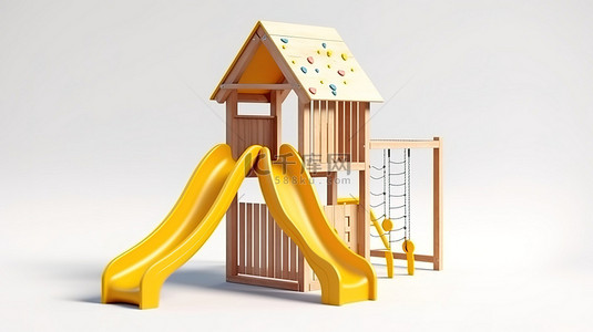 一半黄色背景图片_现代木制儿童游乐区，配有大型黄色弹簧滑梯 3D 渲染，白色背景上有阴影