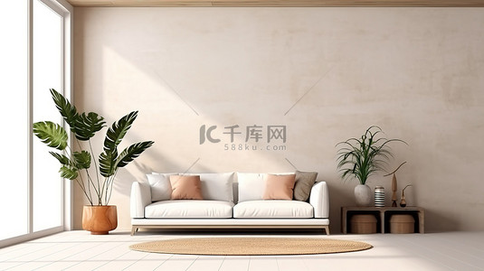 现代而温馨的客厅模型，配有时尚的家具装饰和微妙的墙壁图案背景 3D 渲染