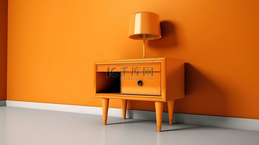 橙色室内房间 3d 图标，配有醒目的金色单色床头柜