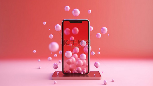 在粉色背景上漂浮的气泡中，现代智能手机在讲台上的 3D 渲染