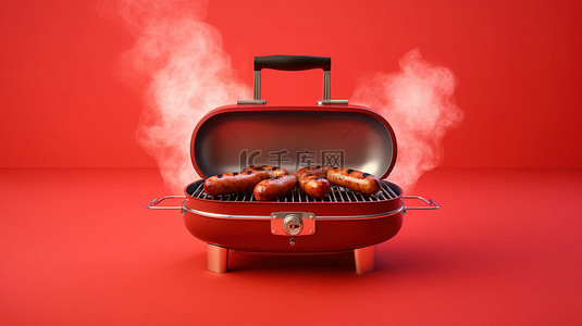 红色背景上四根香肠和烟熏烤架的 3D 渲染图像