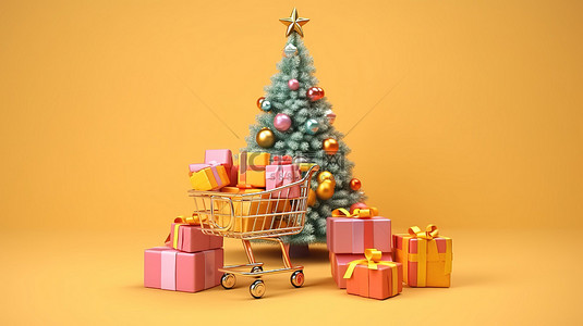 假日主题背景图片_圣诞主题购物小礼品盒购物车和树木的 3D 效果图