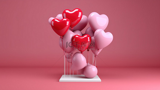 情人节横幅与心形气球 3D 渲染的广告海报