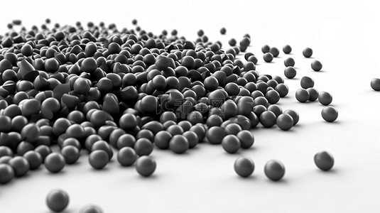 1 白色背景的 3D 插图展示黑色和灰色塑料聚合物颗粒