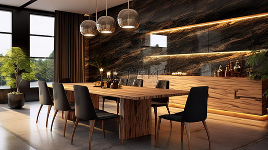 室内木材背景图片_餐厅内部装饰有黑色大理石和木材的木制橱柜的 3D 插图